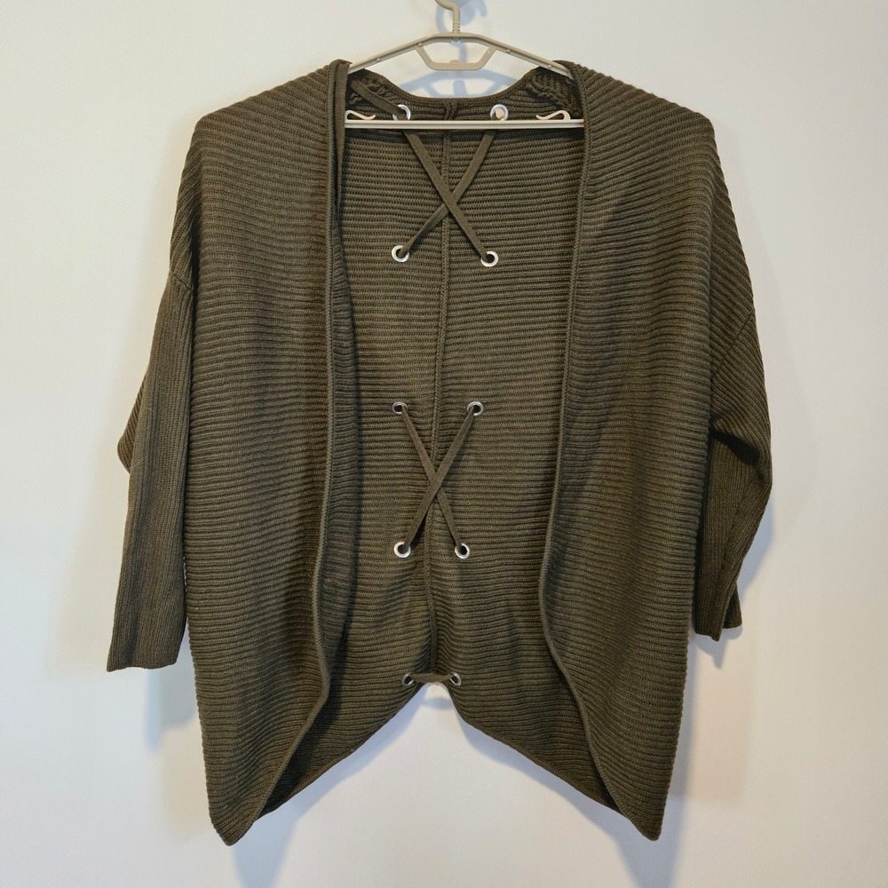 Olive Green Lace Up Ribbed Knit Open Front Cardigan XXL Boho Grommet Office